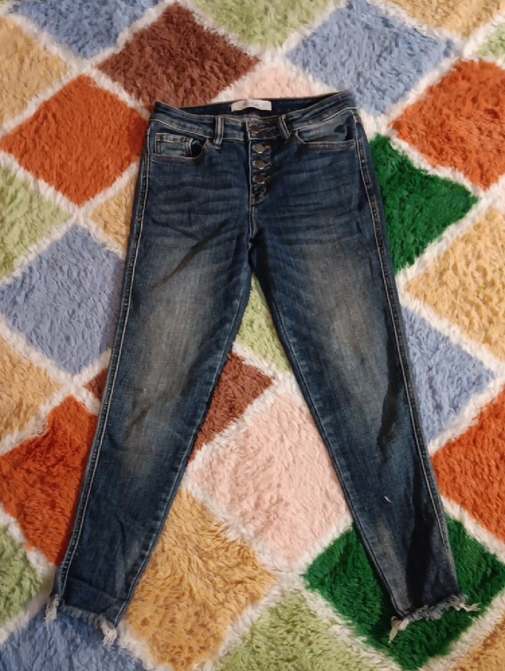 KanCan Women's Dark Blue Button-Fly Distressed Skinny Jeans